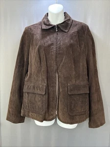Liz Claiborne Wildlederjacke Vintage Größe Large braun Langarm durchgehender Reißverschluss Taschen - Bild 1 von 20
