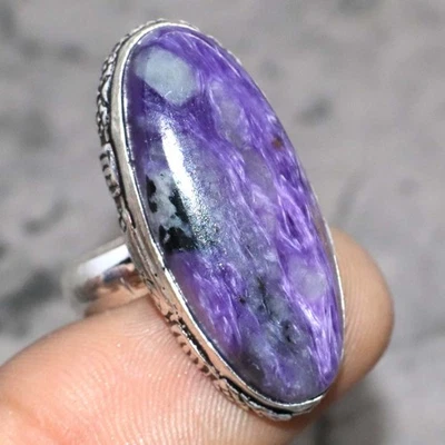 Anillo Charoite Chapado en Plata 925 Piedras Preciosas Hecho a Mano EE. UU. 8 Mujeres Regalos GW Foto 1 de 3