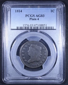1814 Classic Head Large Cent (Plain 4) - 1c PCGS AG03 - Tough Coin! - Picture 1 of 4