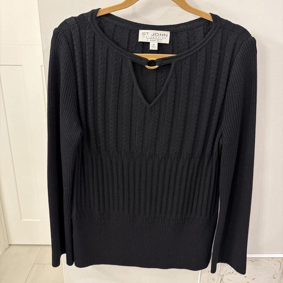 St. John Santana Tejido - Suéter Negro Lana Cuello en V con Herrajes Tono Dorado Nuevo Foto 1 de 4