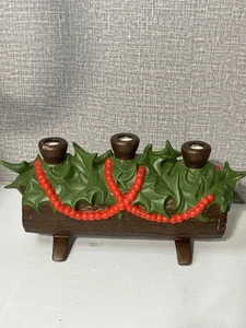 Antike Atlantische Form Keramik Weihnachtsstamm 3 Kerzenhalter Stechpalmenblätter, rote Beeren - Bild 1 von 7