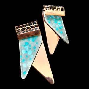 Vintage Renoir Matisse Modernist Enamel Clip Earrings Turquoise Peacock Blue EUC - Picture 1 of 5