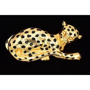 Vintage Leopard Cheetah Belt Buckle Chunky Brushed Gold Black Crystal Heavy 80s - Picture 1 of 12