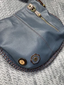 Chala Blue Faux Leather Crossbody Bag Boho Whipstitch Floral Appliqué Polka Dots - Picture 1 of 12