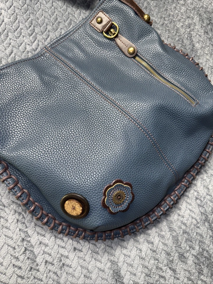 Bolso Bandolera Chala Azul Imitación Cuero Boho Whipstitch Floral Apliques Lunares Foto 1 de 4