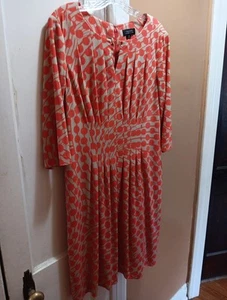 Tahari Arthur S Levine Dress 12 Coral Beige Polka Dot Keyhole Neck Pintuck - Picture 1 of 9