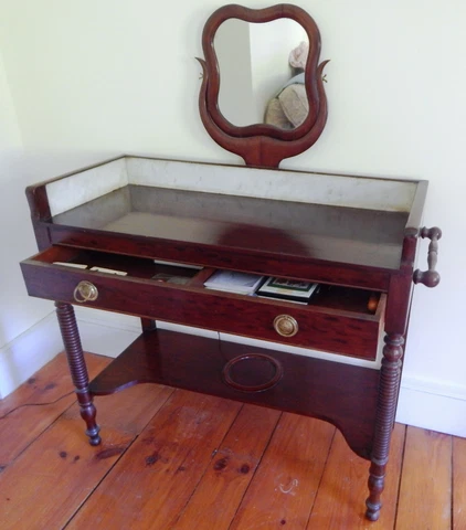 Antique late 19th C. English Pudding Mahogany Ladies Vanity Mirrored Table Cover
