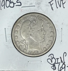 1905-S MEDIO DÓLAR DE PLATA BARBERO ~ FINO/EN MUY BUEN ESTADO ~BONITA MONEDA~ - Imagen 1 de 2