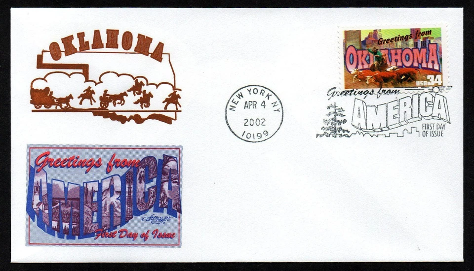 EE. UU., SCOTT # 3596, PORTADA ARTMASTER FDC - OKLAHOMA, SALUDOS DESDE AMÉRICA 2002 Foto 1 de 1