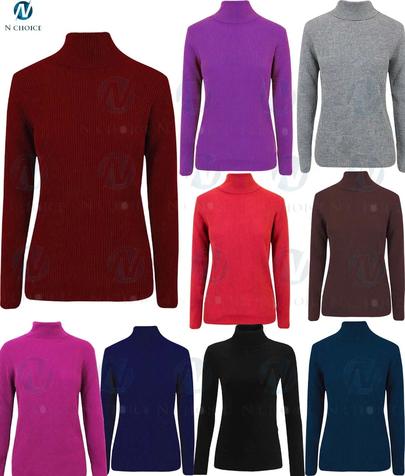 Womens High neck Ribbed Polo Turtle Roll Neck Top Jumper Long Sleeve Ribed - Image 1 of 1