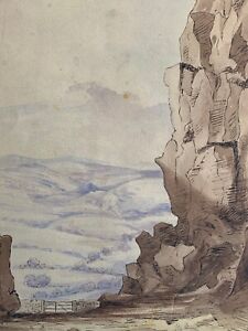 Aquarelle antique originale d'Almscliffe Crag, North Yorkshire UK 1851