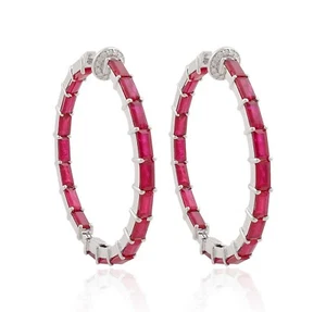 9.59 TCW Natural SI/H Round Diamond Ruby Baguette Hoop Earrings 14k White Gold - Picture 1 of 12