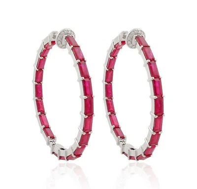 9.59 TCW Natural SI/H Round Diamond Ruby Baguette Hoop Earrings 14k White Gold - Image 1 of 4
