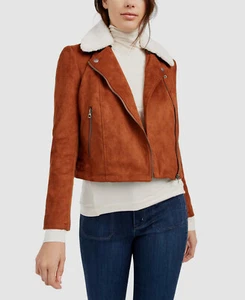 $488 French Connection Women's Brown Faux Shearling Zip Moto Jacket Coat Size 0 - Picture 1 of 3