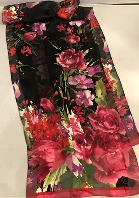Vintage Oscar De La Renta Scarf Floral Pink And Red 52” X 11” - Image 1 of 4
