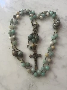 Handmade Aqua/Brown Amazonite Gemstone/Bronze St Benedict Crucifix Rosary - Picture 1 of 5