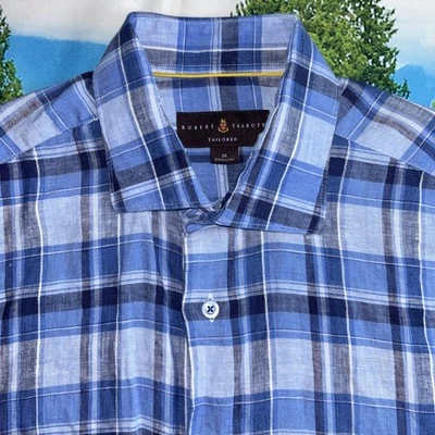 Robert Talbott Shirt Mens Medium Blue Check Linen Button Front Tailored - Image 1 of 4