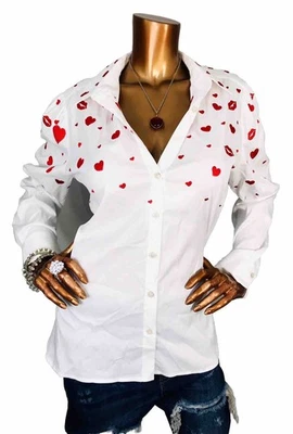 Camisa Chico's 2 o L Top Elastizada Nueva con Etiquetas $129 Abotonada Labios Corazones Rojo Blanco Sin Planchar Foto 1 de 4