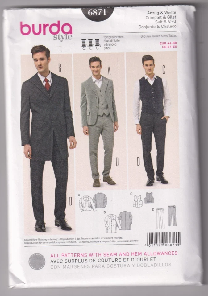 6871 BURDA Style - SUIT:  JACKET in 2 Lengths PANTS & VEST - MENS Sz 34 to 50" - Image 1 of 1