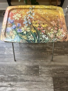 Vintage Large MCM Floral Metal Folding Tv Tray Stand Folk Colorful - Picture 1 of 7