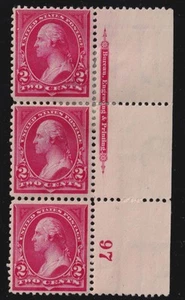 1895 Washington Sc 265 MHR OG plate number imprint strip of 3 CV $130 (WD - Picture 1 of 1