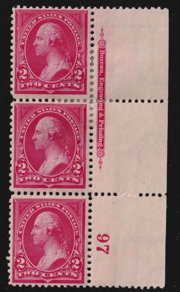 1895 Washington Sc 265 MHR OG plate number imprint strip of 3 CV $130 (WD - Image 1 of 1