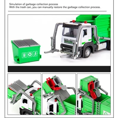 1:32 Garbage Truck Toy With Dumpster 4 Trash Bins Friction Powered Light So DW - Image 1 of 4