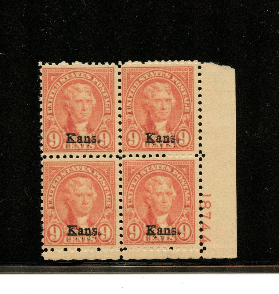 U.S. #667 (U720) Plate Block #18744 Jefferson, 9c light rose, MNH, FVF,CV$375.00 - Image 1 of 2