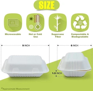 50pc 9" x 6" Takeaway Containers Bagasse Biodegradable Food Boxes Eco Friendly - Picture 1 of 5