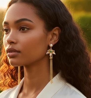 Anthropologie Earrings Lotus Orchid Flower Pearl Chain Tassel Gold Court VTG CZ - Image 1 of 4