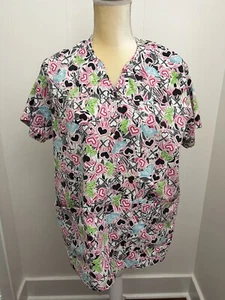 Beverly Hills Uniforms Scrub Top Hearts Butterfly Womens Size Large L Medical - Picture 1 of 8