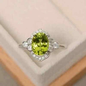 Anello in oro bianco massiccio 14 carati con diamanti peridoto naturale taglio ovale 1,98 ct misura TUTTO - Foto 1 di 6