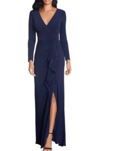 Vestido Jersey BETSY & ADAM Azul Cascada Volantes Cuello en V Profundo Elastizado Talla 18 W, NUEVO - Imagen 1 de 4