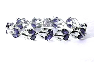 Bracelet Blue Iolite Genuine Mined Gems Sterling Silver Art Nuveau Style 7 Inch - Picture 1 of 24