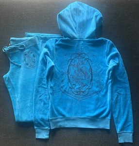 Genuine Juicy Couture Hoodie Medium & Cuffed Bottoms Petite Turquoise Blue - Picture 1 of 6