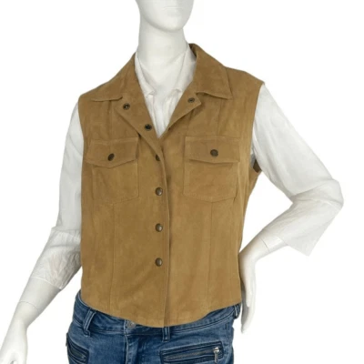 Vakko Vintage c.1980's Tan Suede Leather Snap Button Collared Vest, Size Large - Image 1 of 4