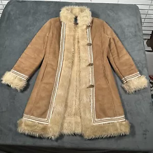 Penny Lane Coat Womans Medium Tan Faux Suede Shearling Fur Toggle Mob Wife - Picture 1 of 18