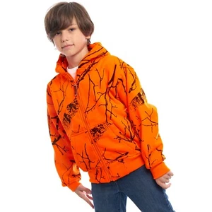 Kid Orange Safety Full Zip Hi Vis Thick Fleece Hooded Sweatshirt Hunting jacket - Picture 1 of 20
