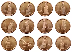 ISOLA DI PASQUA SET 12 MONETE 1 PESO 2021 STATUA MOAI RAME 14mm UNC - Foto 1 di 2