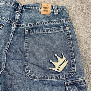 Vintage Y2K Baggy JNCO Embroidered Crown Jean Shorts Cargo Jorts 38 - Picture 1 of 16