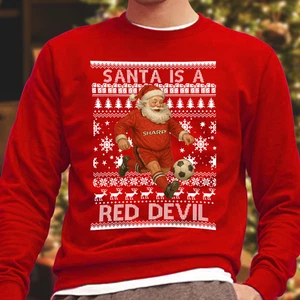 Santa Is a Red Devil Utd Red Christmas Jumper Adults & Kids Sizes Utd Manchester - Picture 1 of 2