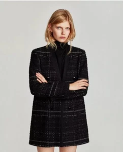 Zara Black Tweed Boucle Button Jacket Blazer Metallic Fiber Long Line Open Large - Picture 1 of 14