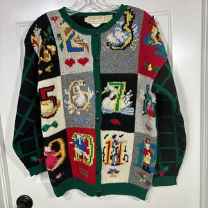 Vintage The Eagle's Eye "The Twelve Days of Christmas" Hand-Knit Wool Cardigan L - Picture 1 of 6
