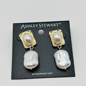 Ashley Stewart Gold Tone Faux Pearl Drop Earrings Baroque Style Statement Dangle - Picture 1 of 3
