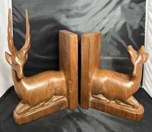 Vintage 1970’s Bookends Hand Carved Wooden Antelope Gazelle - Picture 1 of 7