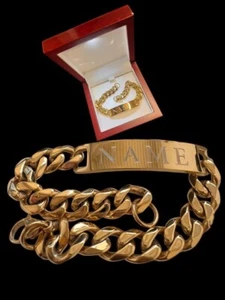 Gold Engraved ID Bracelet Chunky Chain Personalised Identity Engraved for Men - Picture 1 of 9