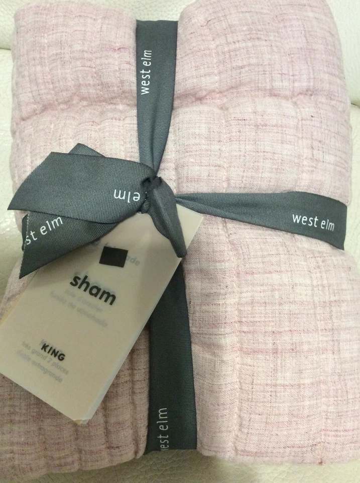 West Elm Belgian Flax Linen Quilted King Sham Linework Vintage Rose Pink NWT - Image 1 of 1