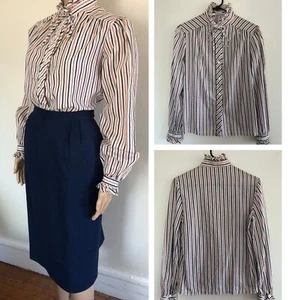 vtg 70s High Neck Button Blouse 12 Balloon Sleeve Ruffle Trim JC Penny Fashions - Picture 1 of 17