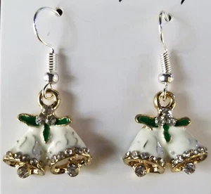 Christmas Bells Dangle Earring CRYSTAL accent GOLD & 925 SILVER PLATED hook NEW - Picture 1 of 2