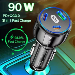 90W LED Fast Car Charger 3 Ports Adapter & cable For Samsung S24 S23 S22 S21 S10 - Picture 1 of 18